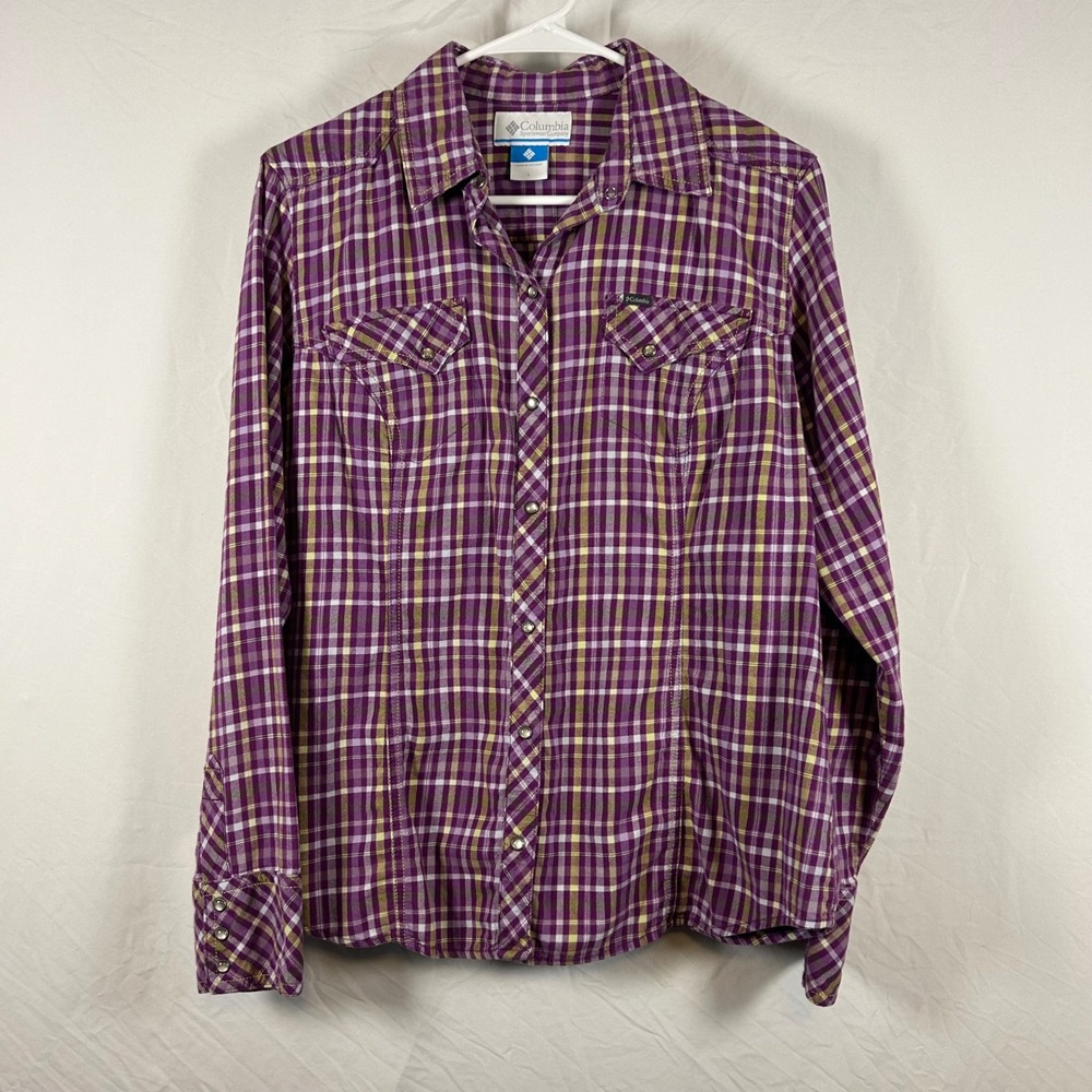 Columbia Womens‎ Purple Plaid Pearl Snap Western Long Sleeve Shirt Size L